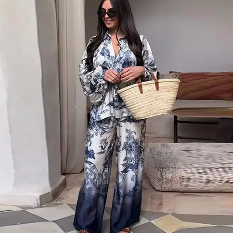 Elegant Women Print Loose Shirt Pants 2 Pieces Set Chic Lapel V Neck Long Sleeve Blouse Straight Pant Suit Casual Lady Outfits