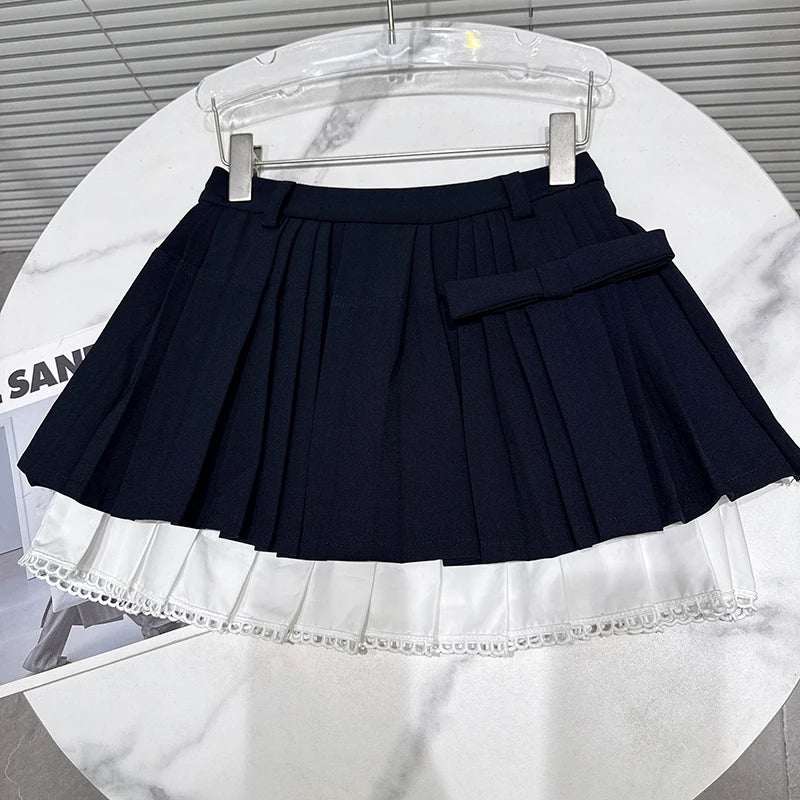 Winter New Fashion Bowknot Contrast Color Hem Thickened Pleated Skirt Short For Women A-Line Skirts Female 11A07471