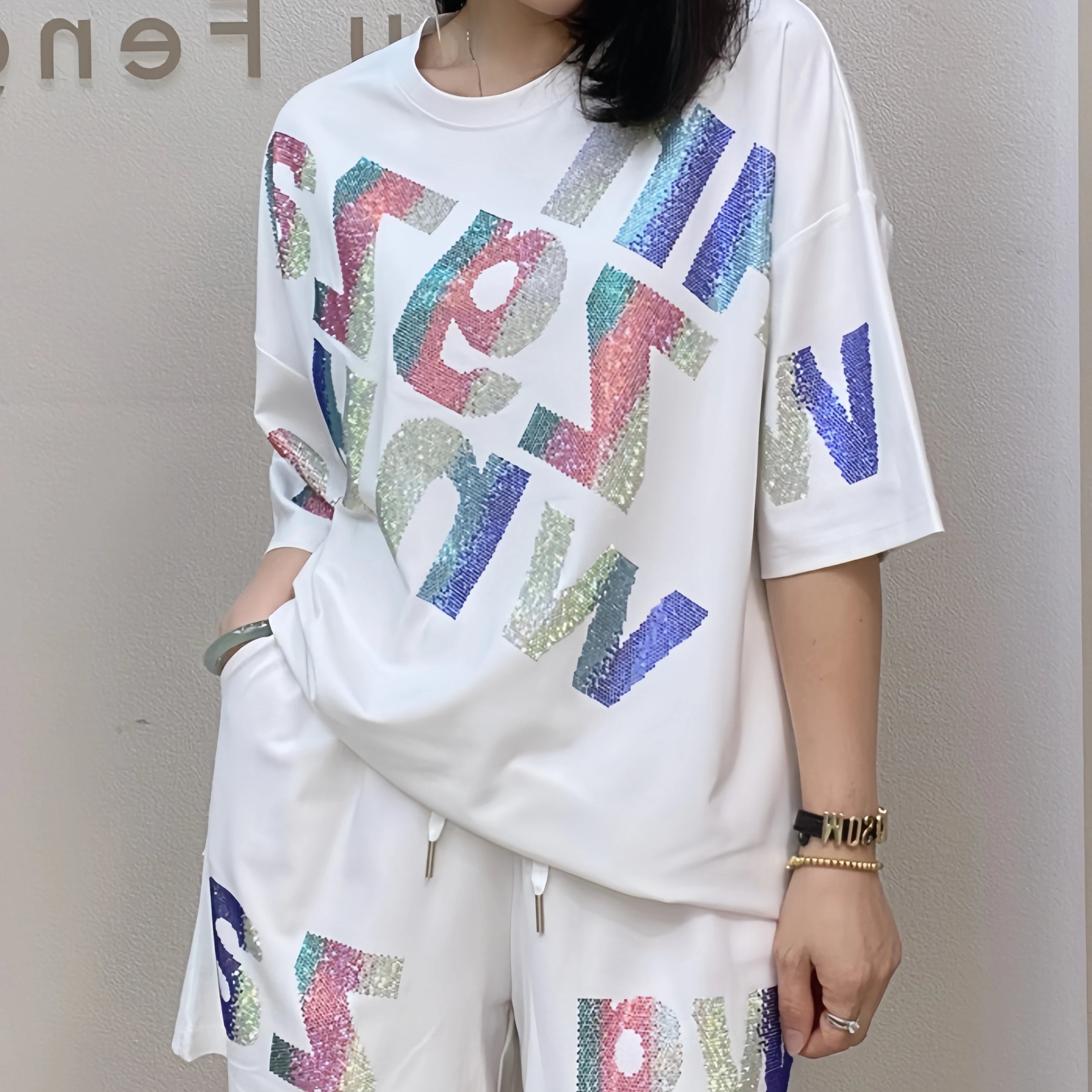 Oversized summer short-sleeved T-shirt and shorts casual set, Rhinestone wide-leg pants two-piece women's set WHITE