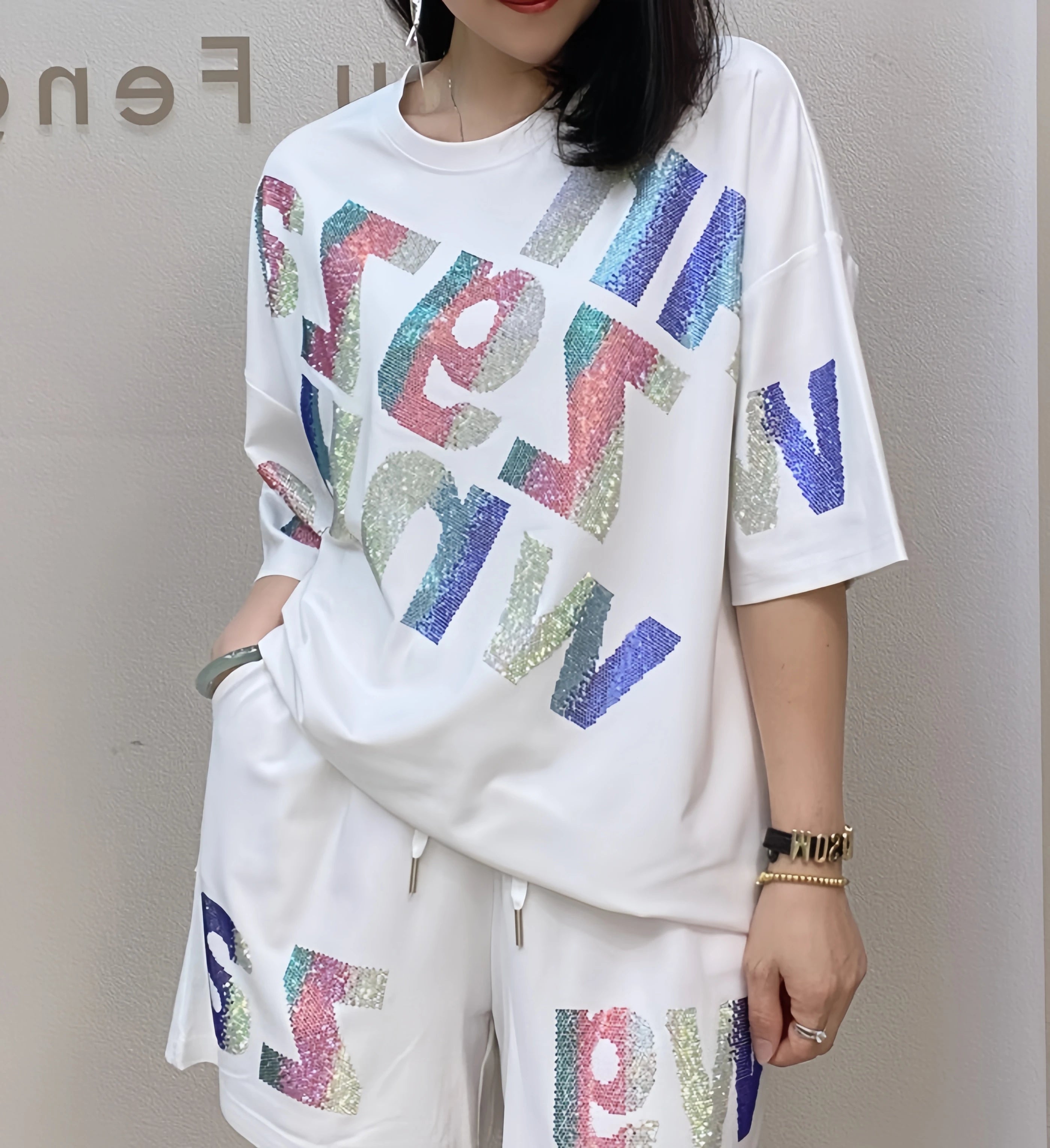 Oversized summer short-sleeved T-shirt and shorts casual set, Rhinestone wide-leg pants two-piece women's set WHITE