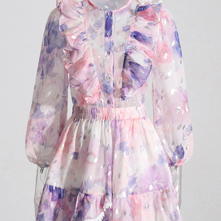 Colorful Two Pieces Set For Women Round Neck Long Sleeve Top High Waist Mini Skirts Summer Mesh Set Female 2024 Clothing New