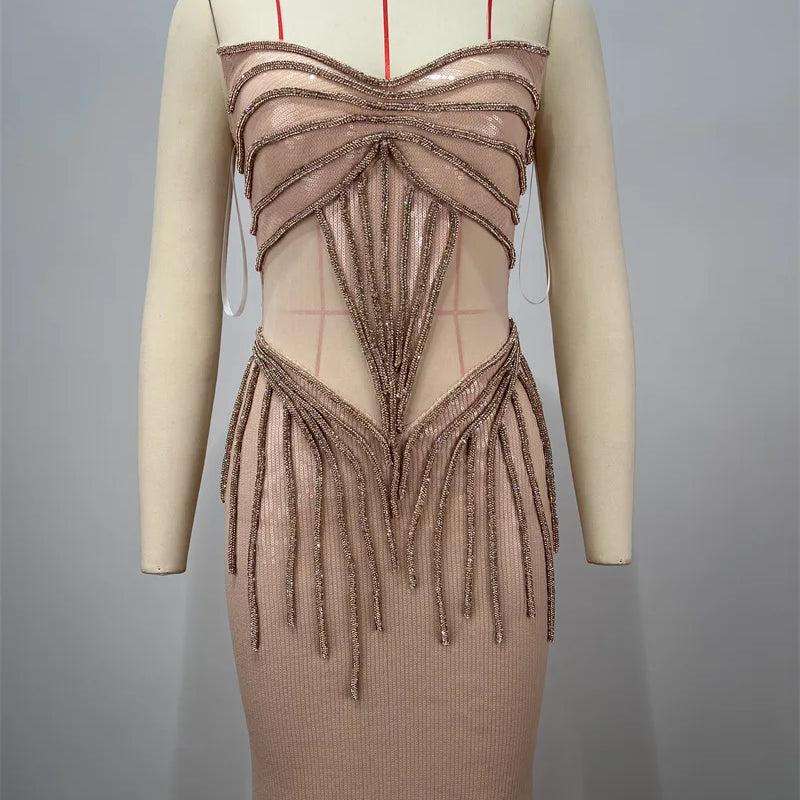 2025 New Shining Sequin Sexy Mesh See Through Strapless Ankle Length Dress Woman Evening Party Dress Celebrity Party Vestido
