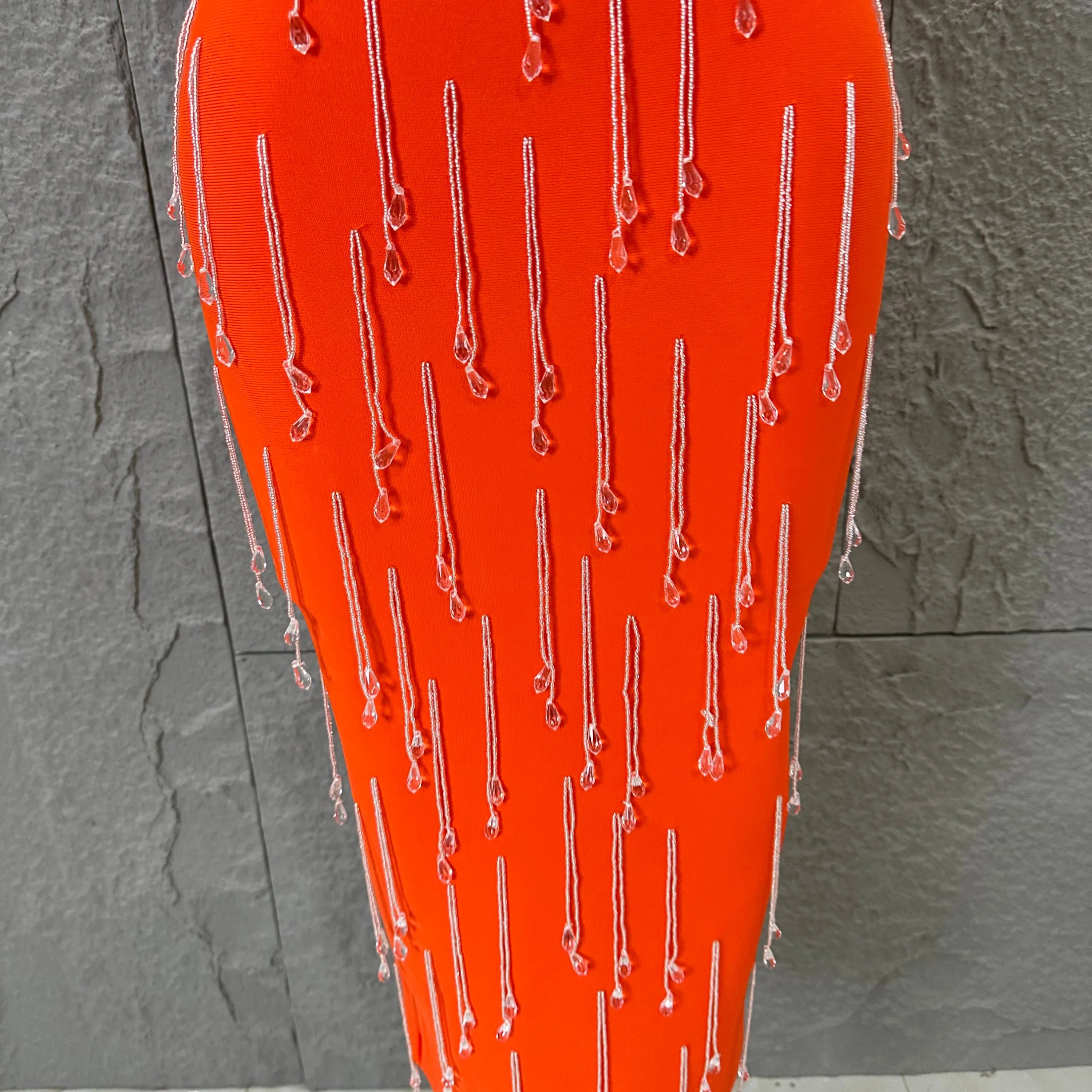 Elegant Orange Crystal Tassel Midi Dress Women Sexy Strapless Rhinestone Fringe Bodycon Slim-fit Outfit Evening Gala Costume