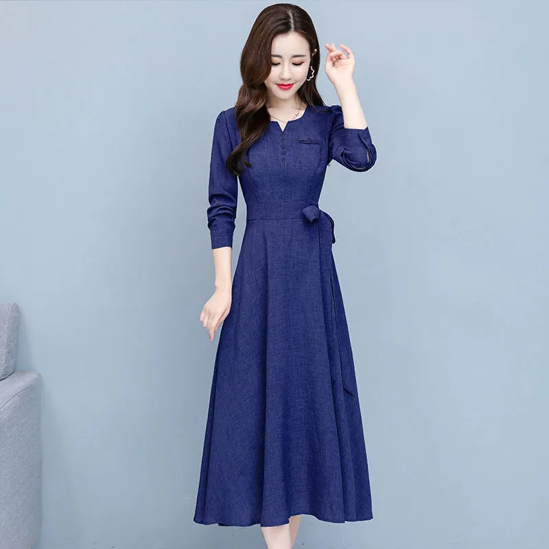 V-neck Elegant Fashion Long Sleeve Button Elastic Waist Belt Dress Comfortable Simple Solid Color Autumn Women's Clothing Navy Blue