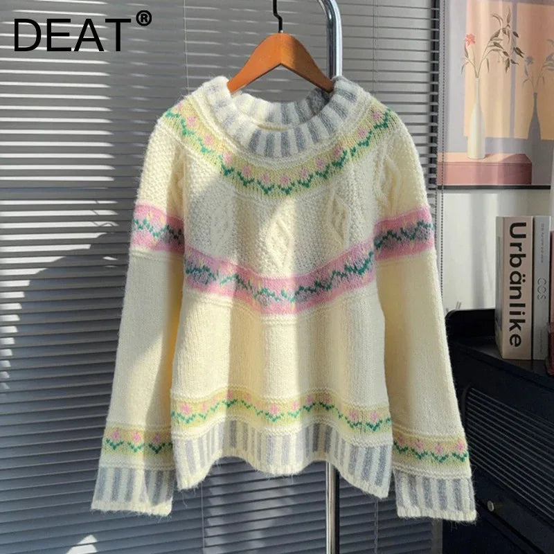 Autumn Winter New Round Neck Contrast Color Knit Sweater For Women Lazy Style Loose Contrast Color Pullover 11A07870