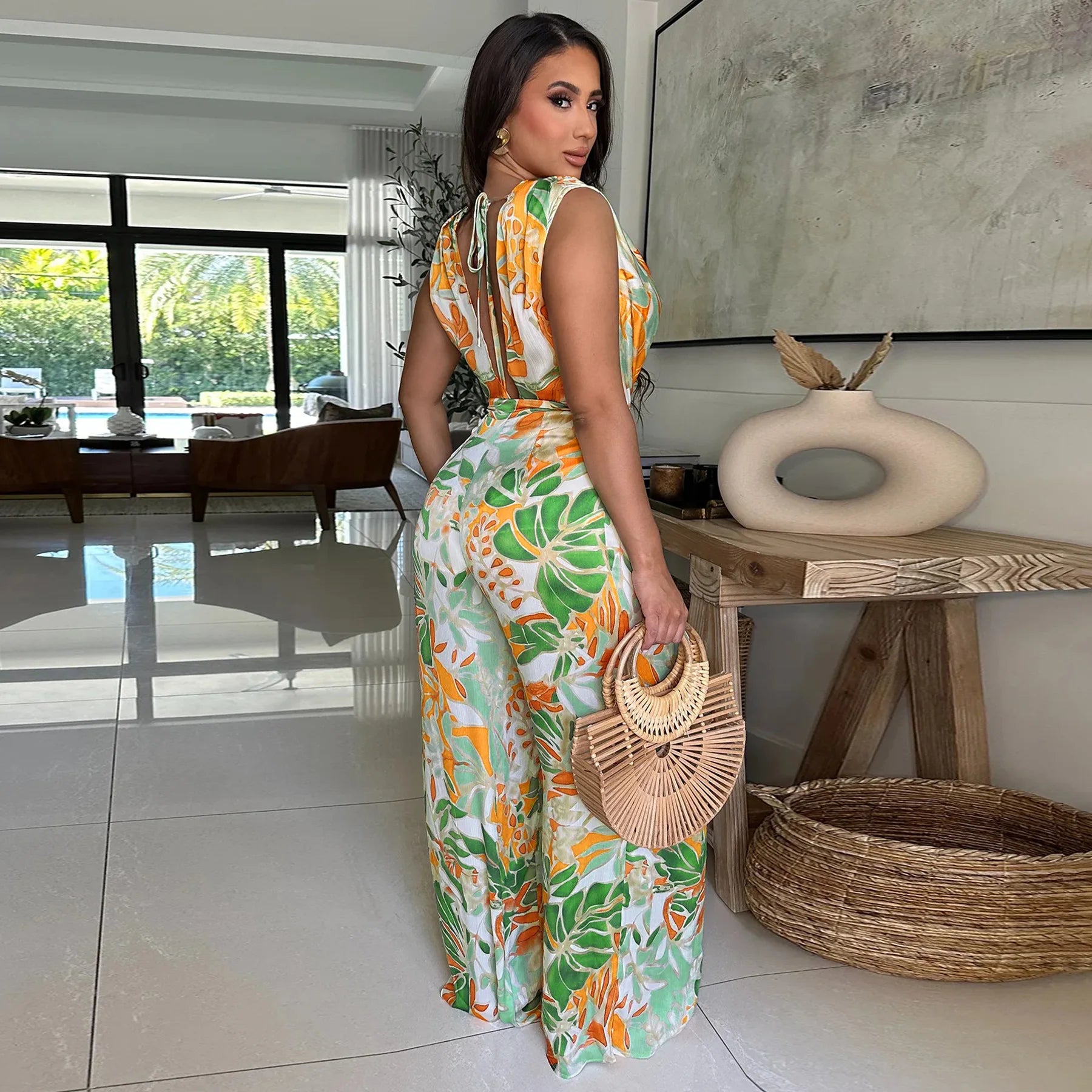 Leaf Printed Women Wide Leg Pile Neck Sleeveless Satin Jumpsuits 2025 Summer Beach Club Playsuit One Piece Suit Romper