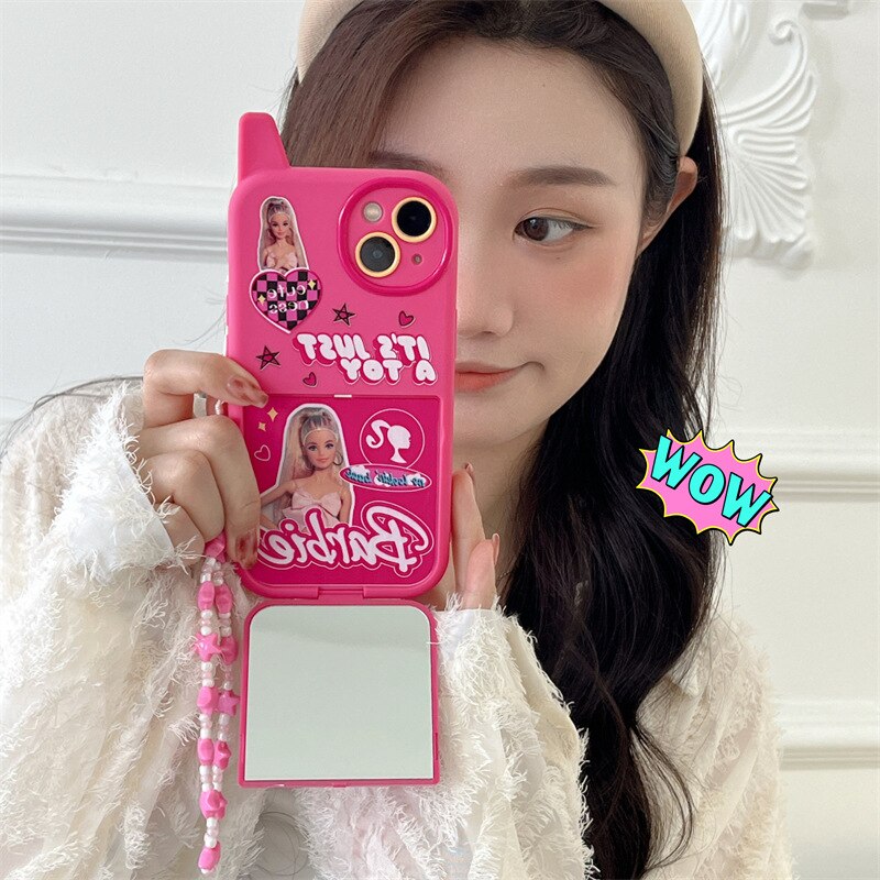 Y2K Girls Mirror Mobile Phone Case Barbie Fashion Women Iphone 14Promax Shell 12 13 Xr Smartphone Protective Shell Keychain Gift