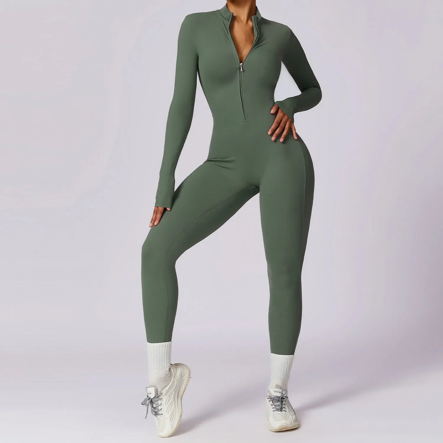 Yoga Jumpsuit Women Seamless Sports Zipper Jumpsuit Set Gym Long Sleeve Fitness Suit Elastic Gym Workout Bodysuit Athletic Wear Green