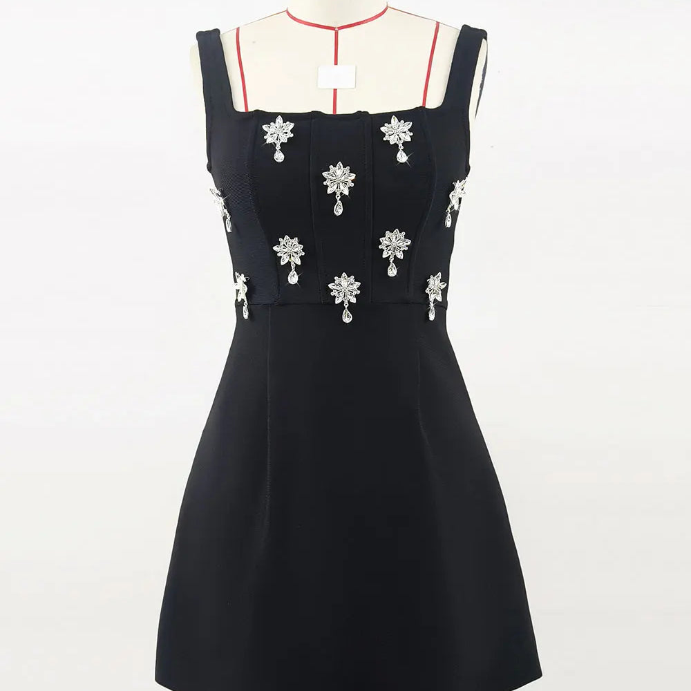 2025 Elegant Women's 3D Diamond Flower Bandage Dress Camisole Sleeveless A-line Mini Dresses Cocktail Banquet Dress Vestidos black