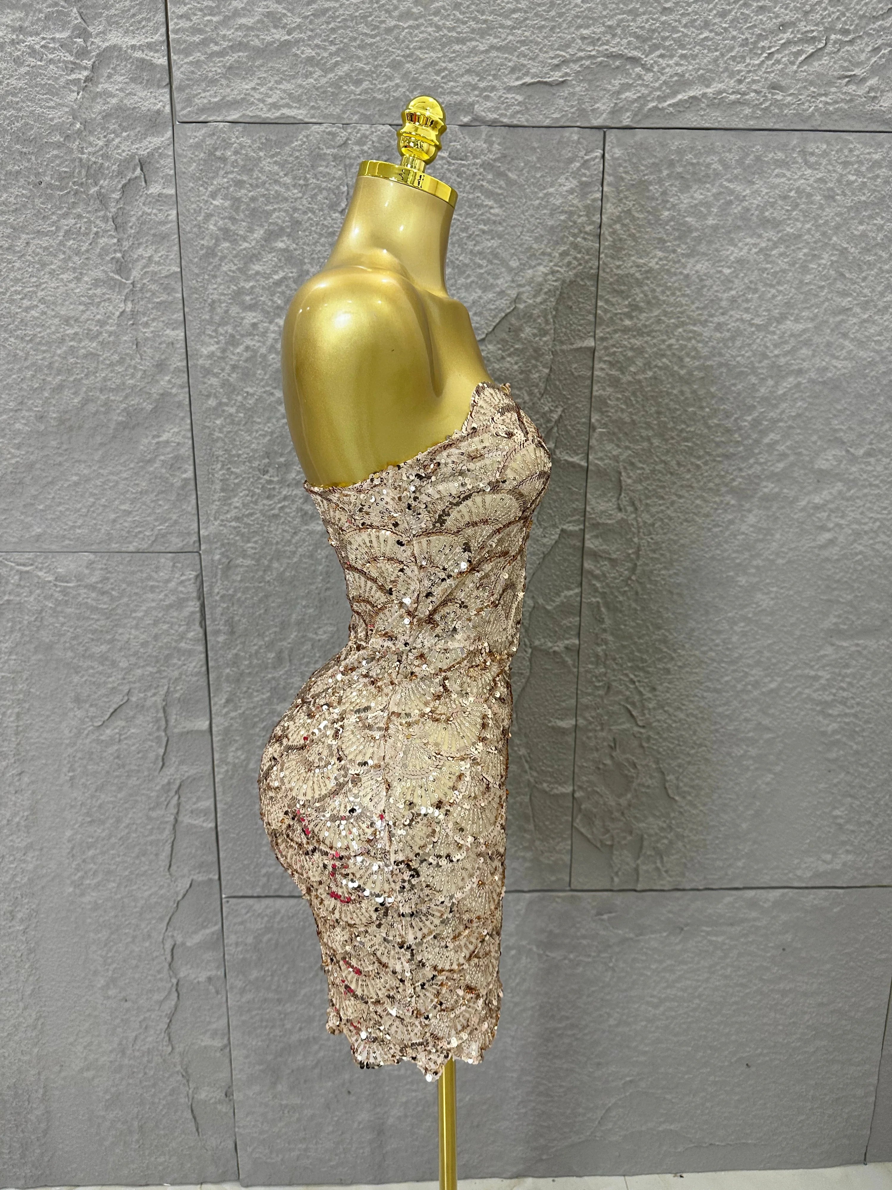 Elegant Silver Champagne Gold Strapless Mini Dress Women Sexy Sequin Form-Fitting Evening Party Nightclub Cocktail Party Costume