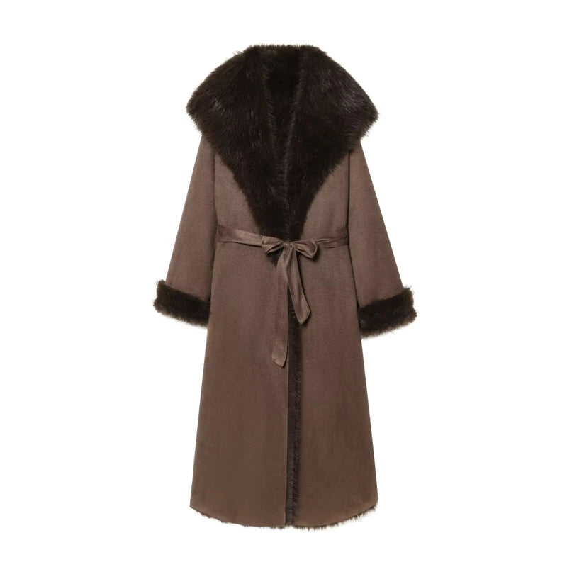 Chic Brown Long Coat for Women - Faux Fur Collar & Cuffs Belted Trench Coat for Cold Weather brown