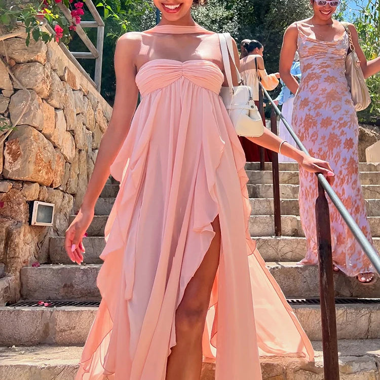 Soft Fashion Ruffle Halter Sleeveless Backless High Slit Dress for Wedding Summer Beach Gown