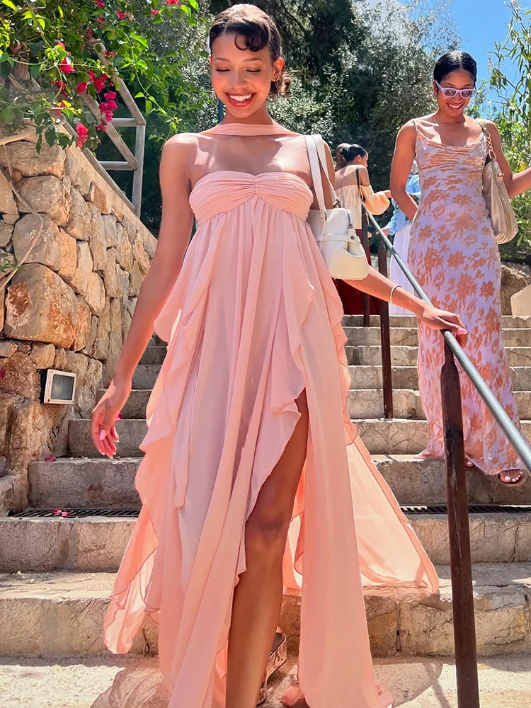 Soft Fashion Ruffle Halter Sleeveless Backless High Slit Dress for Wedding Summer Beach Gown