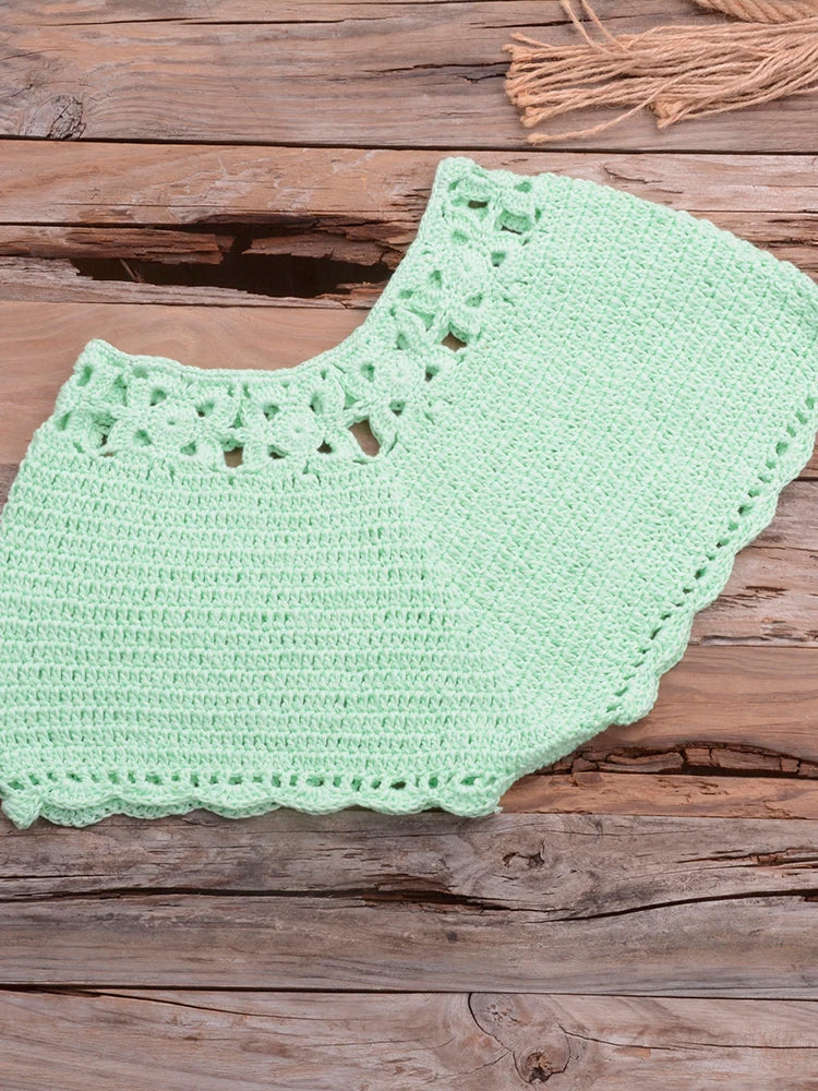 Bikini 2022 knitting Swimsuit Crochet Bikini Bohemia Style Off Shoulder High Neck Bathing Beach Bikinis Handmade Crochet Bikini Light Green