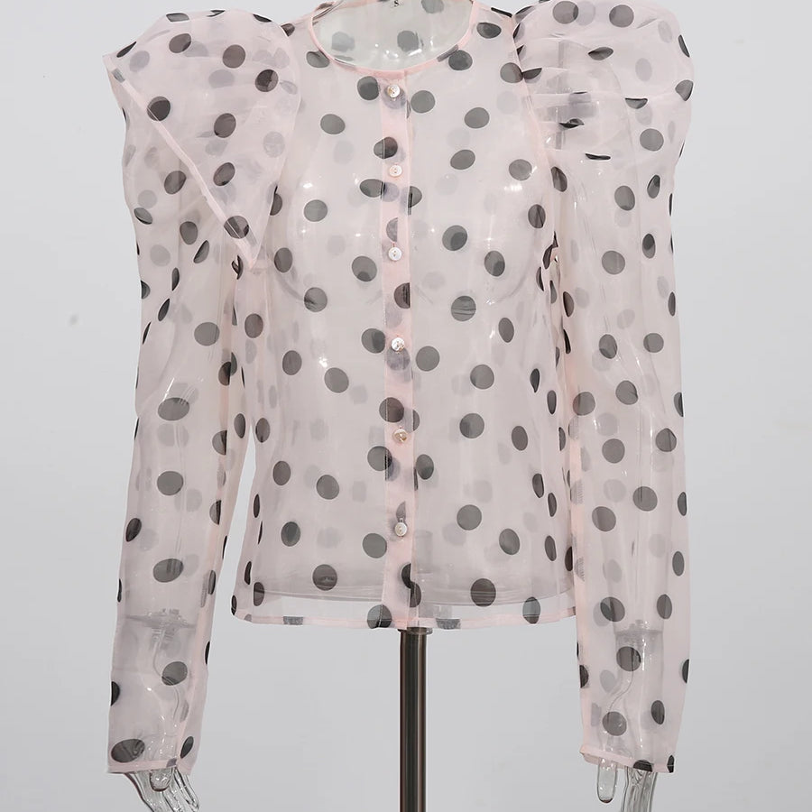 Hit Color Sheer Spliced Wave Point Two Piece Sets for Women Round Neck Long Sleeves Top High Waist Skirt Set Female LIGHTPINKTOP