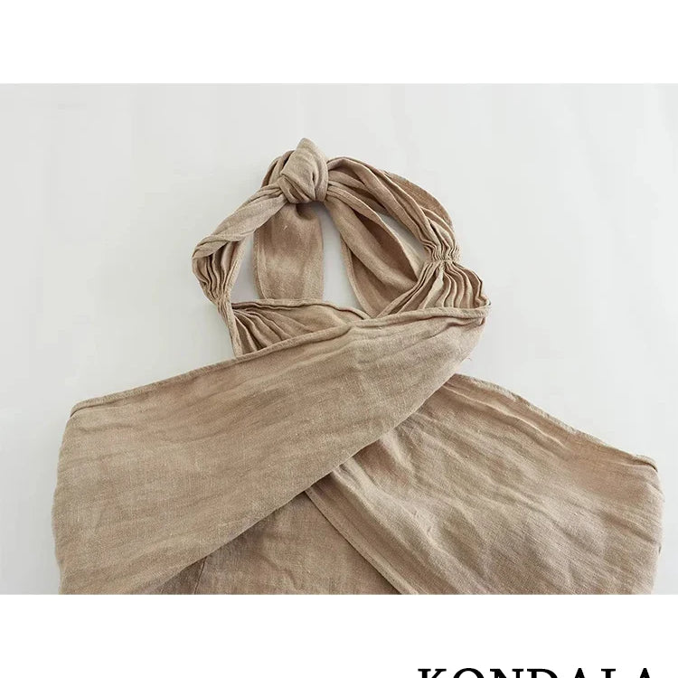 KONDALA Streetwear Khaki Linen Suits Women Sleeveless Halter Sexy Crop Tops Women+High Waist Wide Leg Pants Fashion Sets