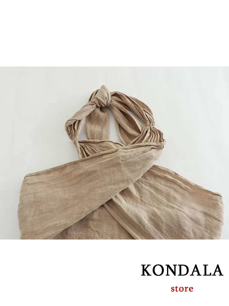 KONDALA Streetwear Khaki Linen Suits Women Sleeveless Halter Sexy Crop Tops Women+High Waist Wide Leg Pants Fashion Sets
