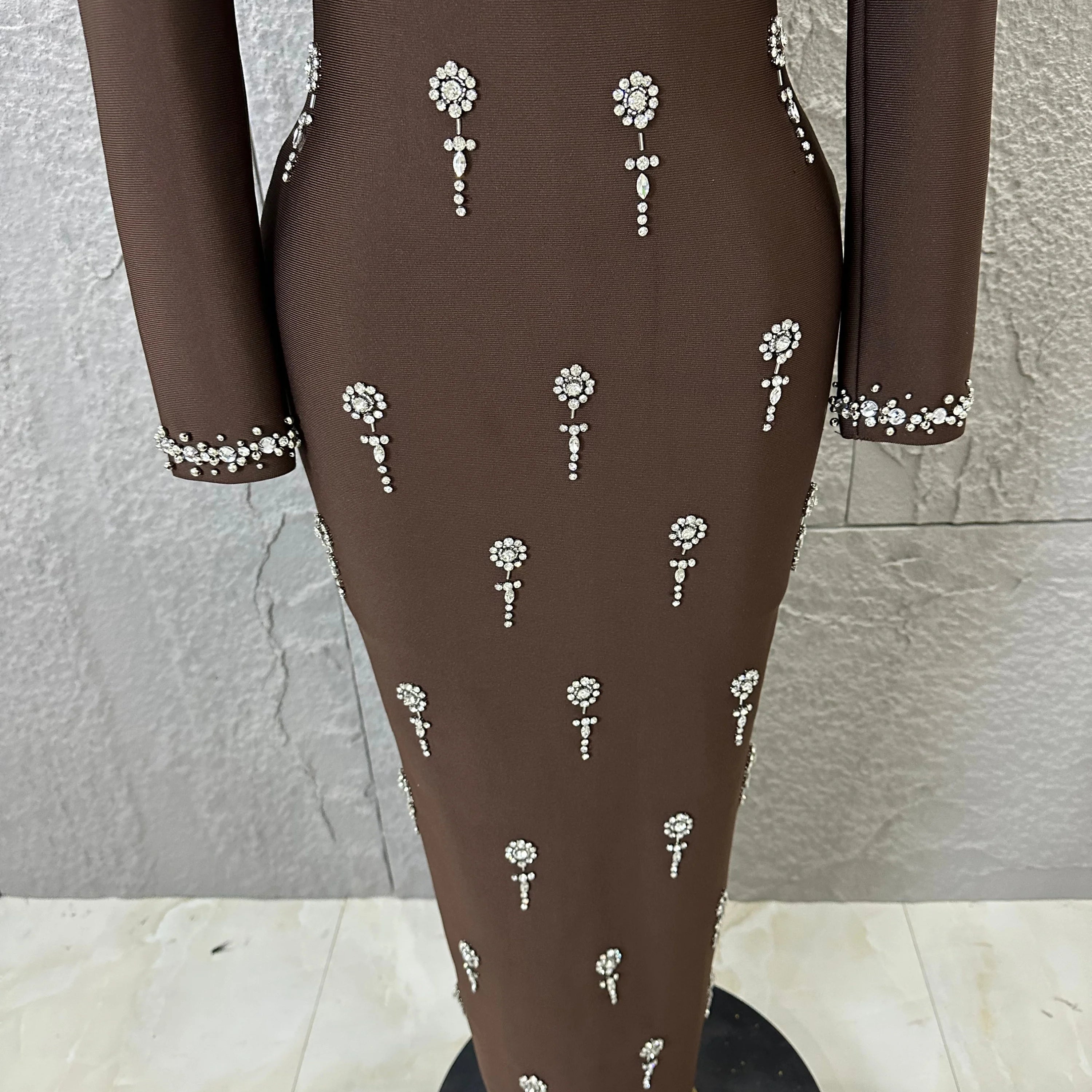 Sophisticated Brown High Neck Maxi Dress Women Sexy Long Sleeve Crystal Pearl Embellished Bodycon Outfit Cocktail Party Costume