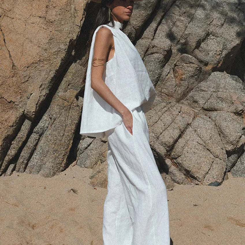 Clacive Fashion Loose White Cotton Trousers Sets For Women 2 Pieces Elegant Sleeveless Tank Top With High Waist Wide Pants Set
