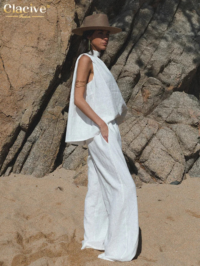 Clacive Fashion Loose White Cotton Trousers Sets For Women 2 Pieces Elegant Sleeveless Tank Top With High Waist Wide Pants Set