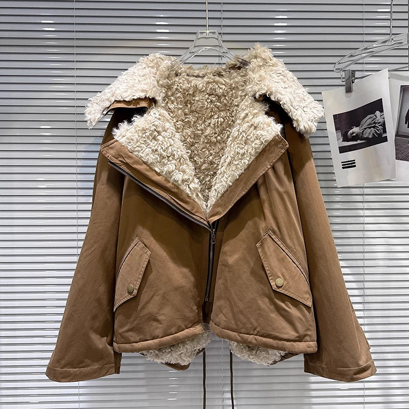 Winter New Fashionable Sailor Collar Fur Fleece Reversible Parka Coat For Women Loose Warm Jacket Female 11A07856 Brown One Size