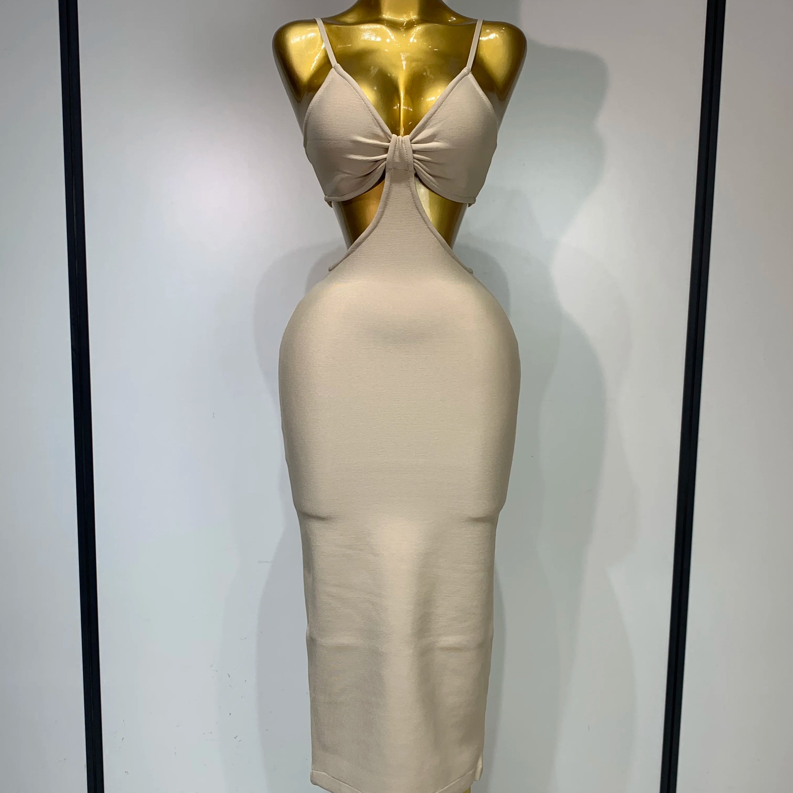 Women Sexy V Neck Backless Khaki Bodycon Bandage Dress 2025 Celebrity Elegant Evening Club Party Luxury Birthday Dress Khaki