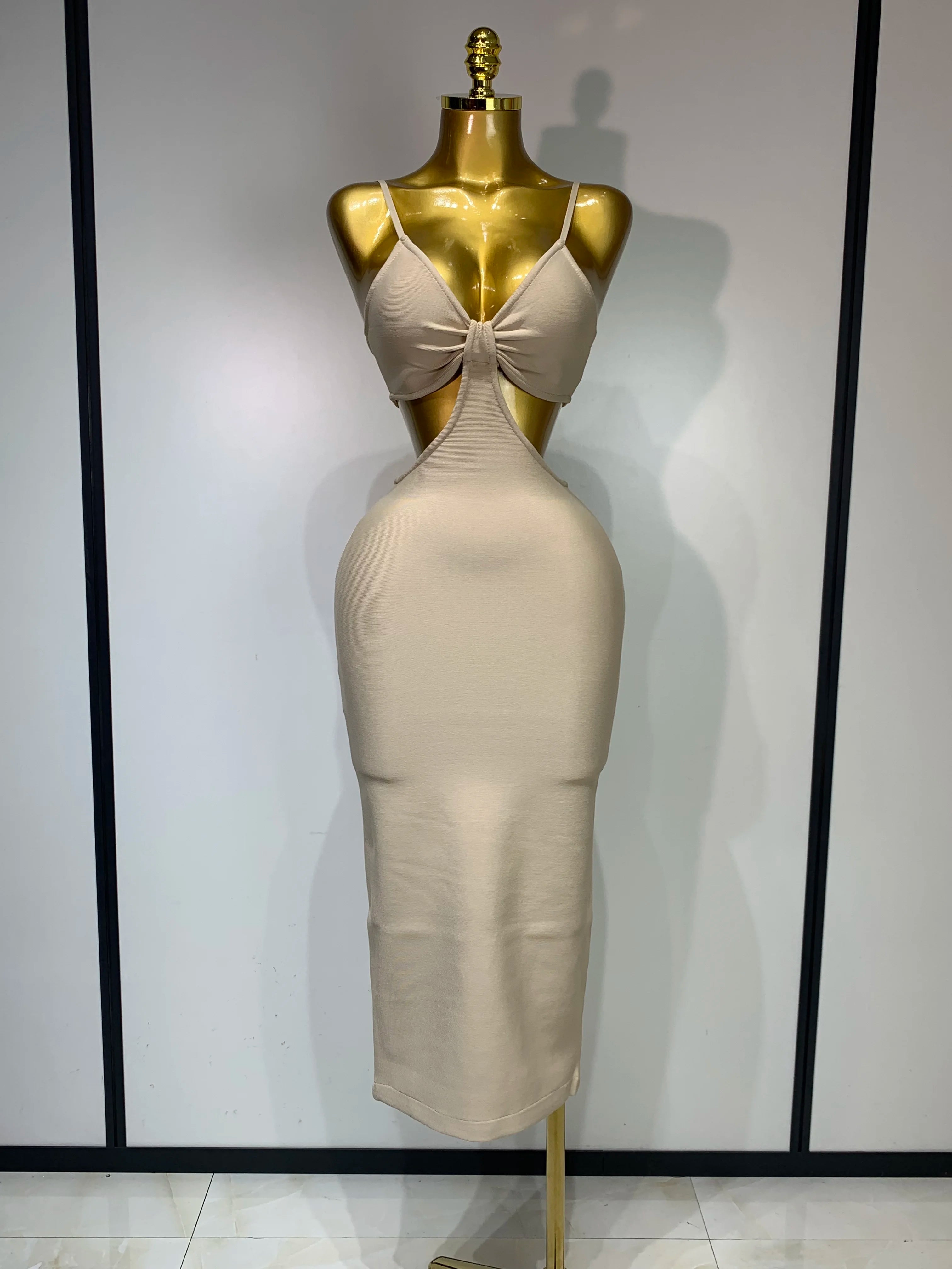 Women Sexy V Neck Backless Khaki Bodycon Bandage Dress 2025 Celebrity Elegant Evening Club Party Luxury Birthday Dress Khaki