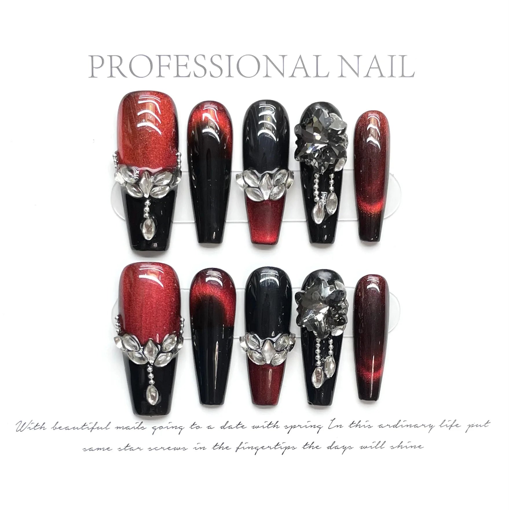 10pcs Wine-red Super Long Almond False Nails Handmade Full Shiny Diamond French Press On Nails Glossy Cat's Eye Luxury Fake Nail