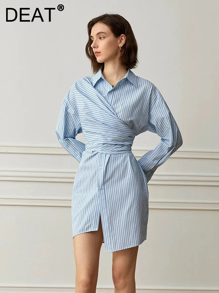 DEAT Fashion Women Blue Stripe Shirt Dress Lapel Single Breasted Full Sleeves Waist Retraction Folds Dresses Spring New