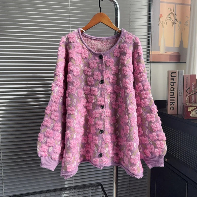 Autumn Winter New Heavy Jacquard Knitted Cardigan For Women Casual Loose High-End Lazy Style Sweater Coat 11A07748 Purple One Size