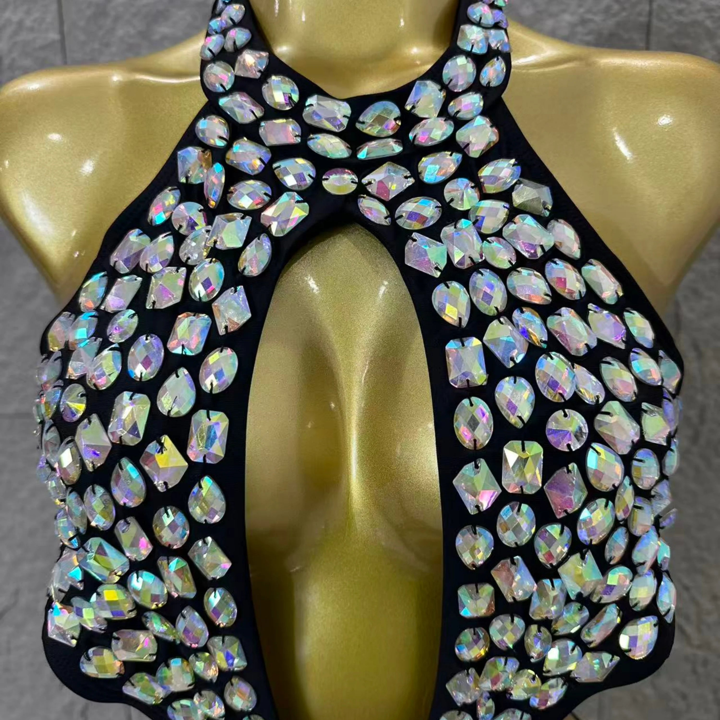Gold Luxurious Black Bodysuit Women Sexy Halter Neck Iridescent Crystal Embellished Cutout Outfit Stage Performance Costume