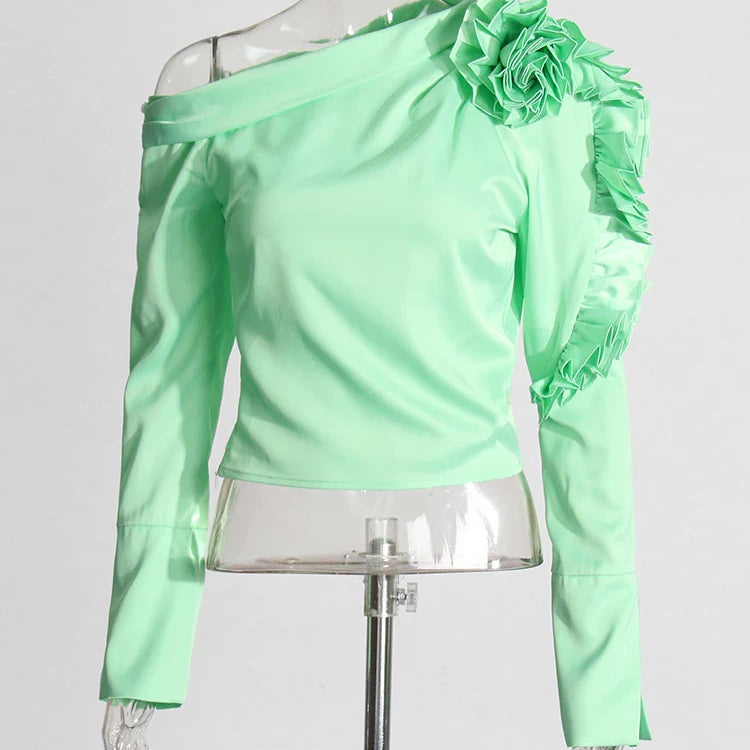 Patchwork Appliques Asymmetrical Blouse For Women Diagonal Collar Long Sleeve Solid Pullover Shirts Female Fashion