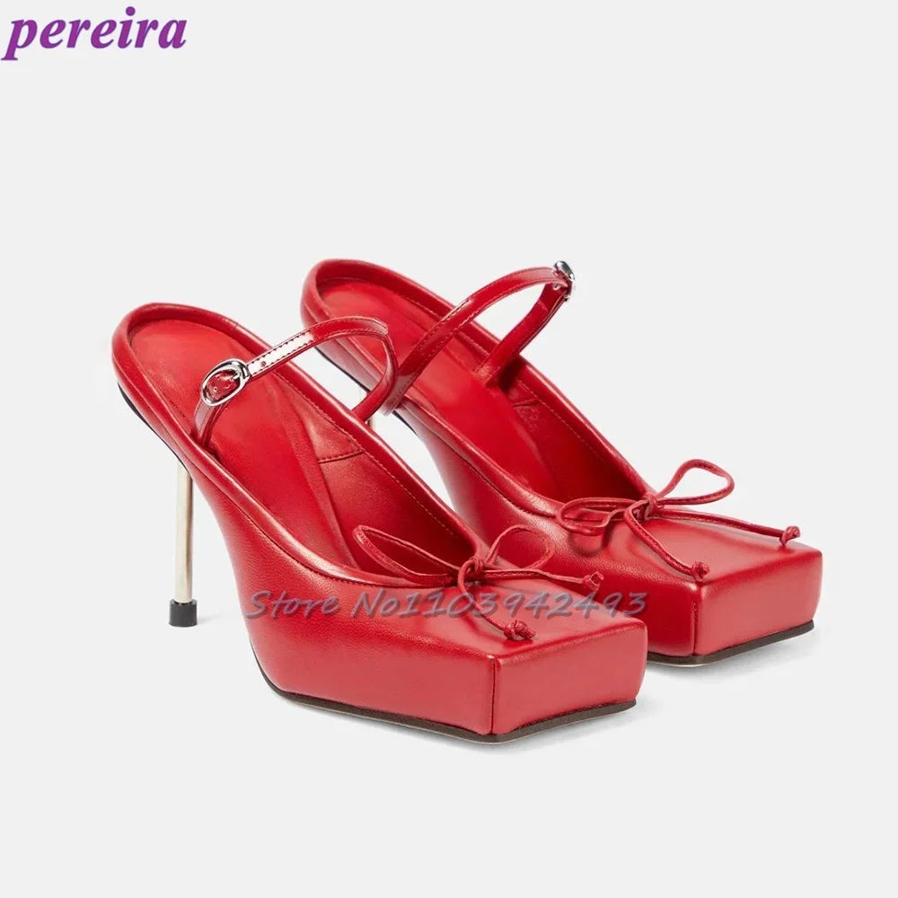 Butterfly-Knot Metal Heeled Sandals Red Square Toe Solid Color Mules Summer Pull On Slip On Slides Black Luxury Ladies Shoes