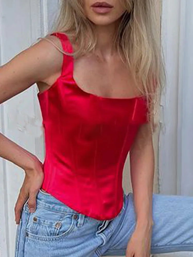 Zenaide Sexy Square Neck Satin Corset Crop Tops Summer Women Sleeveless Bandage Tank Top Camis Party Club 2023 Red