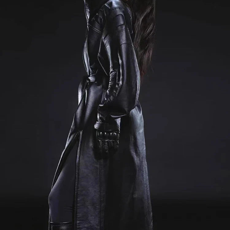 Autumn Extra Long Oversized Pu Leather Trench Coat for Women with Double Side High Slit Luxury Designer Runway Fashion