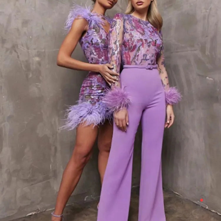 Light Purple Color Women Sleeveless Sexy V-Neck Bodycon Mini Dress Sequins Feathers Celebrate Birthday Party Cocktail Dress