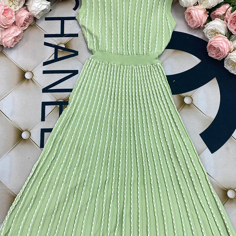 2024 New Listing Elegant Striped Knit Dress Women O-neck Sleeveless A-line Dresses Club Evening Party Midi Vestido Light Green