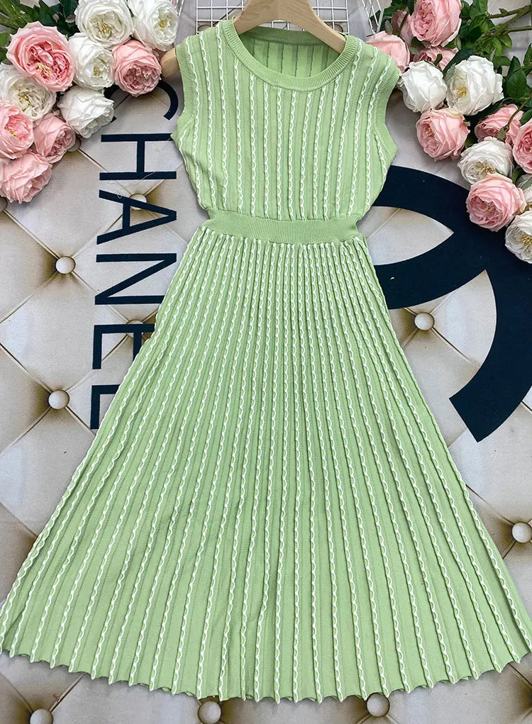 2024 New Listing Elegant Striped Knit Dress Women O-neck Sleeveless A-line Dresses Club Evening Party Midi Vestido Light Green
