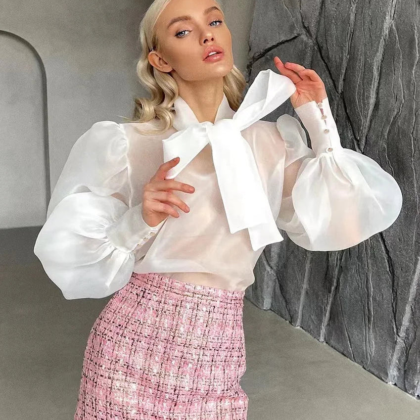 New Mesh Shirts Women Elegant Puff Sleeve Bow Lace Up Blouses Office Ladies Fashion Solid Color Casual Loose Sexy Blouse WHITE SY57