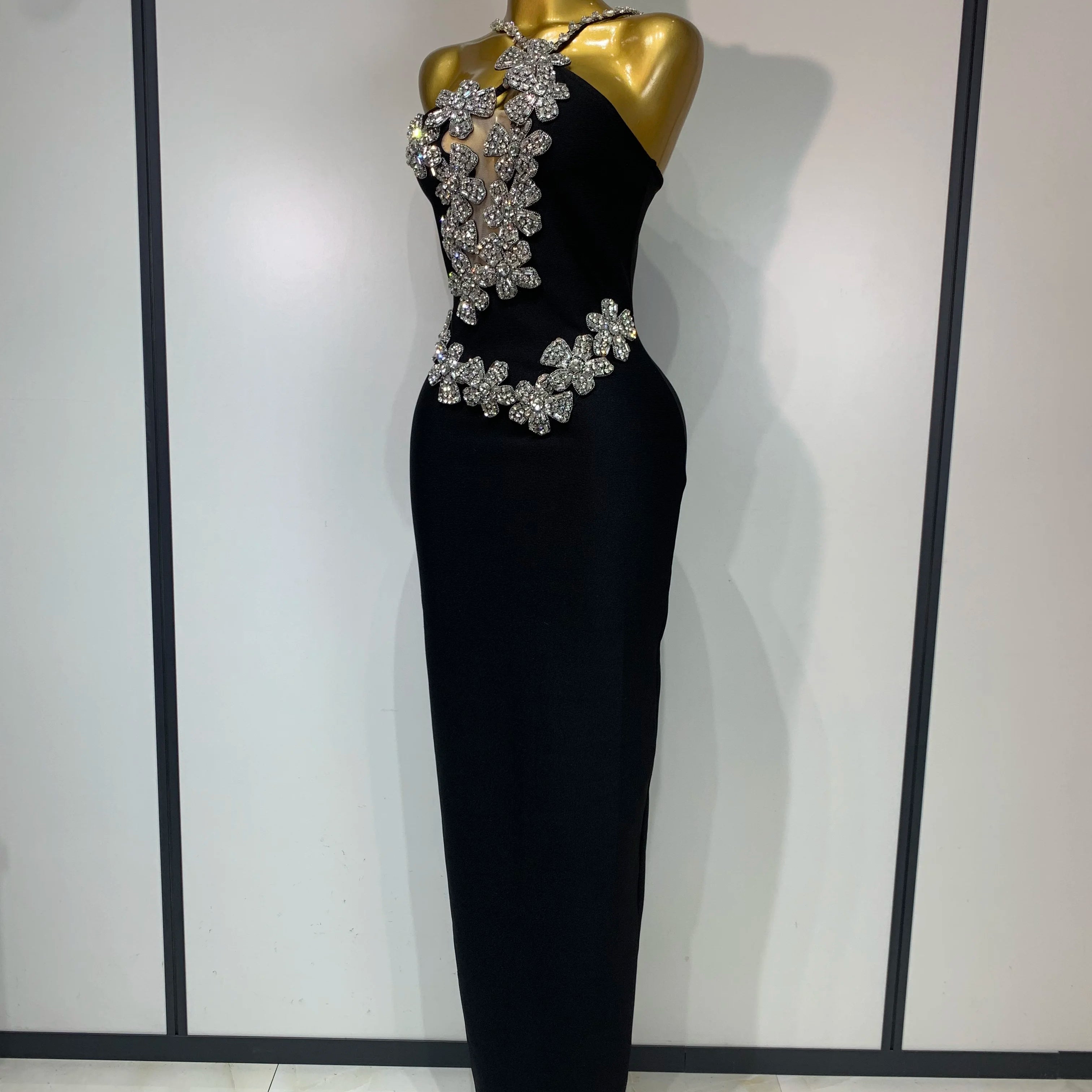 Women Sexy Shining Beading White Maxi Long Bodycon Bandage Dresses Celebrity Birthday Evening Party Elegant Knitted Clothing