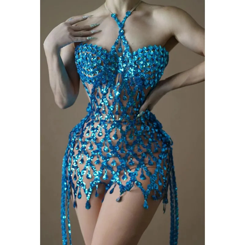 Blue Sequins Shining Diamonds Long Tassel Sleeveless Mini Dress 2 Pieces Birthday Party Outfit Performances Costume