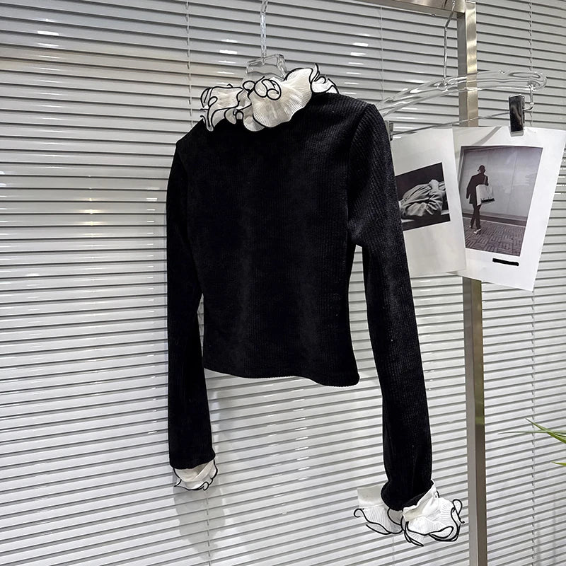 Winter New Sweet Fashion Ruched Lace Collar Corduroy Fabric Long Sleeve T-Shirt For Women Slim Fit Top Female 11A07684