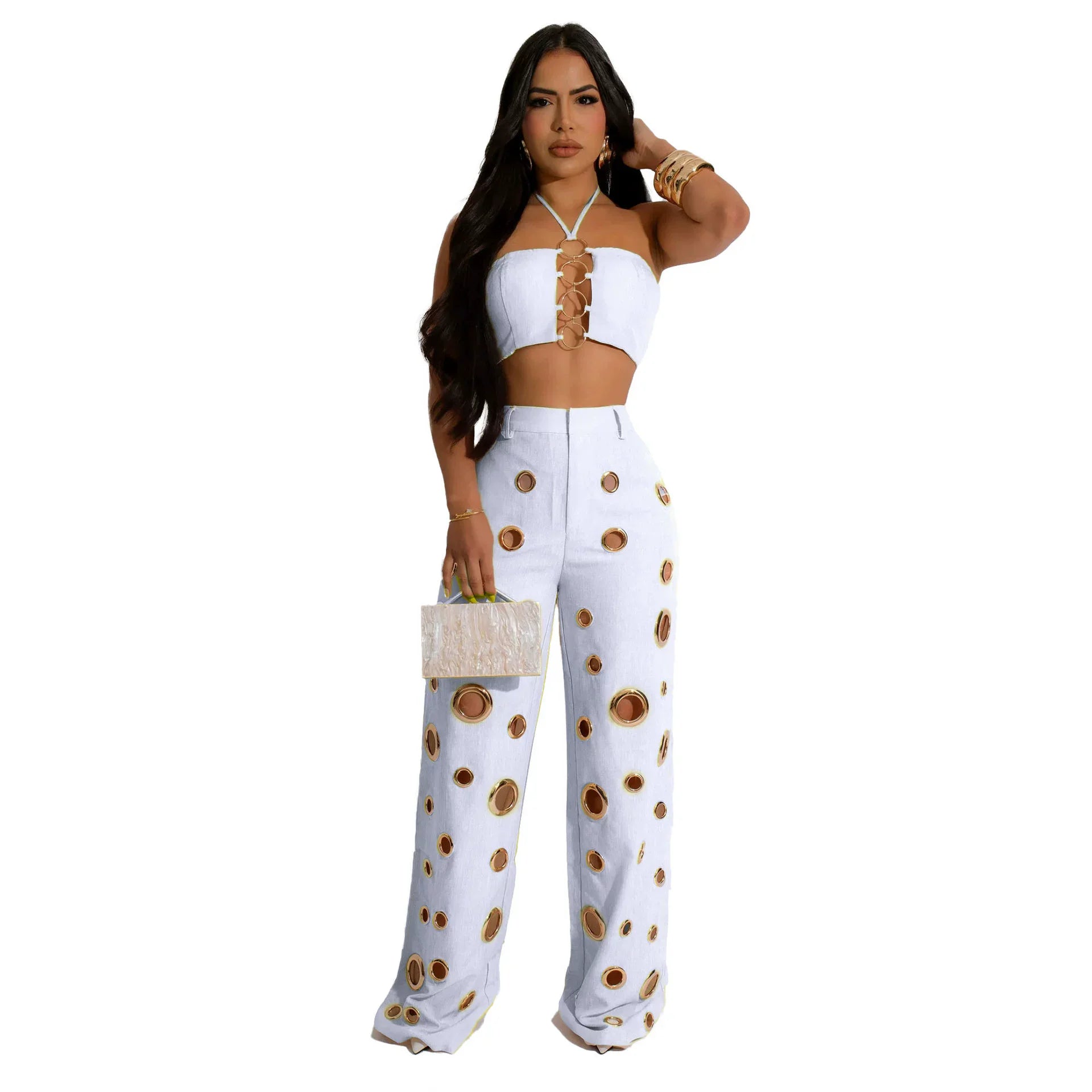 CM.YAYA Women Set Sleeveless Strapless Tops +Wide Leg Pants Two 2 Piece Set Hole Hollow Out Outfit Summer Sexy Street Tracksuit WHITE