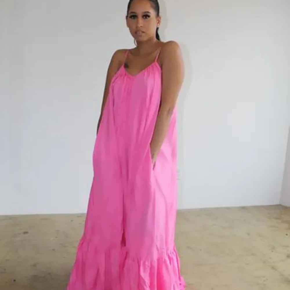 CMYAYA Women Summer Long Maxi Dress Sexy Sleeveless Strap Loose Beach Party Night Club Bandage Female S-5XL Dresses Vestido Pink
