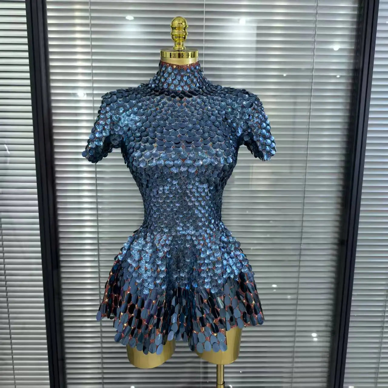 Nightclub Leotard Shining Lovely SequinsMini Dress Costume Celebrate RhinestoneBodysuit Birthday Silver Dresses Blue