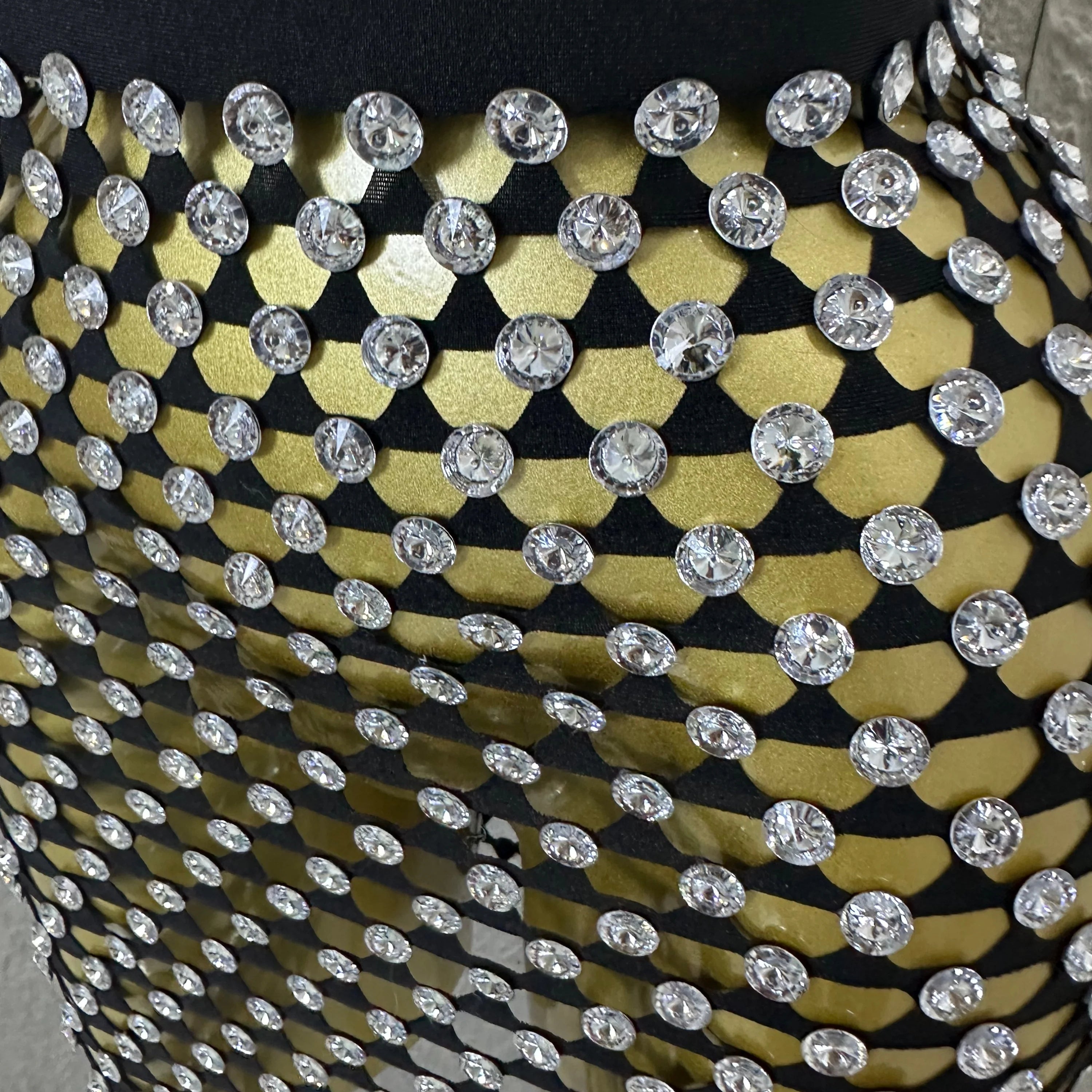 Luxury 2026 Glamorous Black Mesh Halter Mini Dress Sparkle Rhinestone Gold Silver Bead Bodycon Bar Stage Performance Costume
