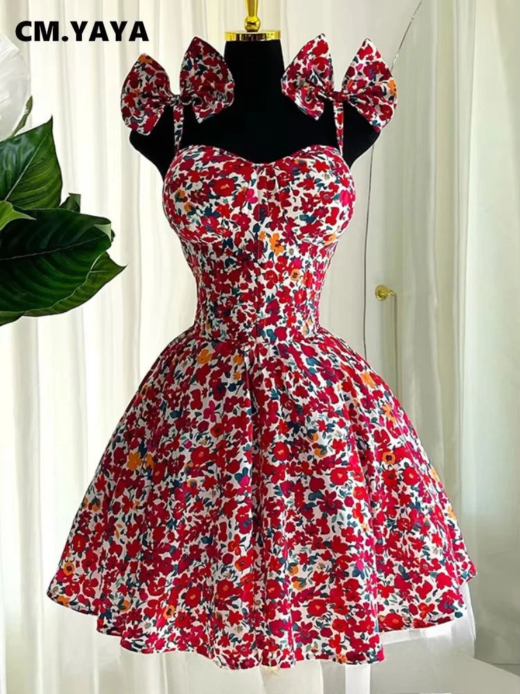 Women Floral Printed Sleeveless Bowknot Strap Big Swing Mini Dress 2025 Evening Sexy Beach Party Birthday Street Dresses