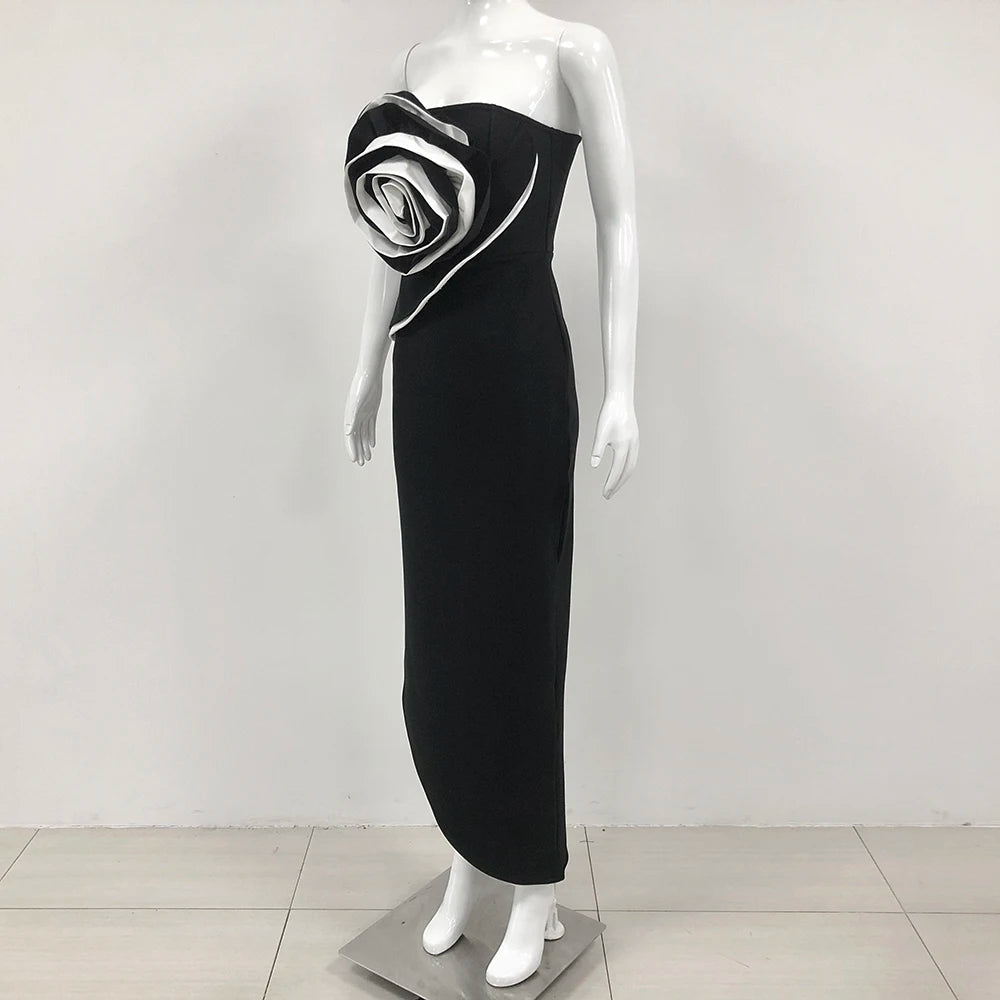 Black Color Women Sexy Off the Shoulder Big Florals Bodycon Badnage Long Dress Celebrate Birthday Party Homecoming Dress