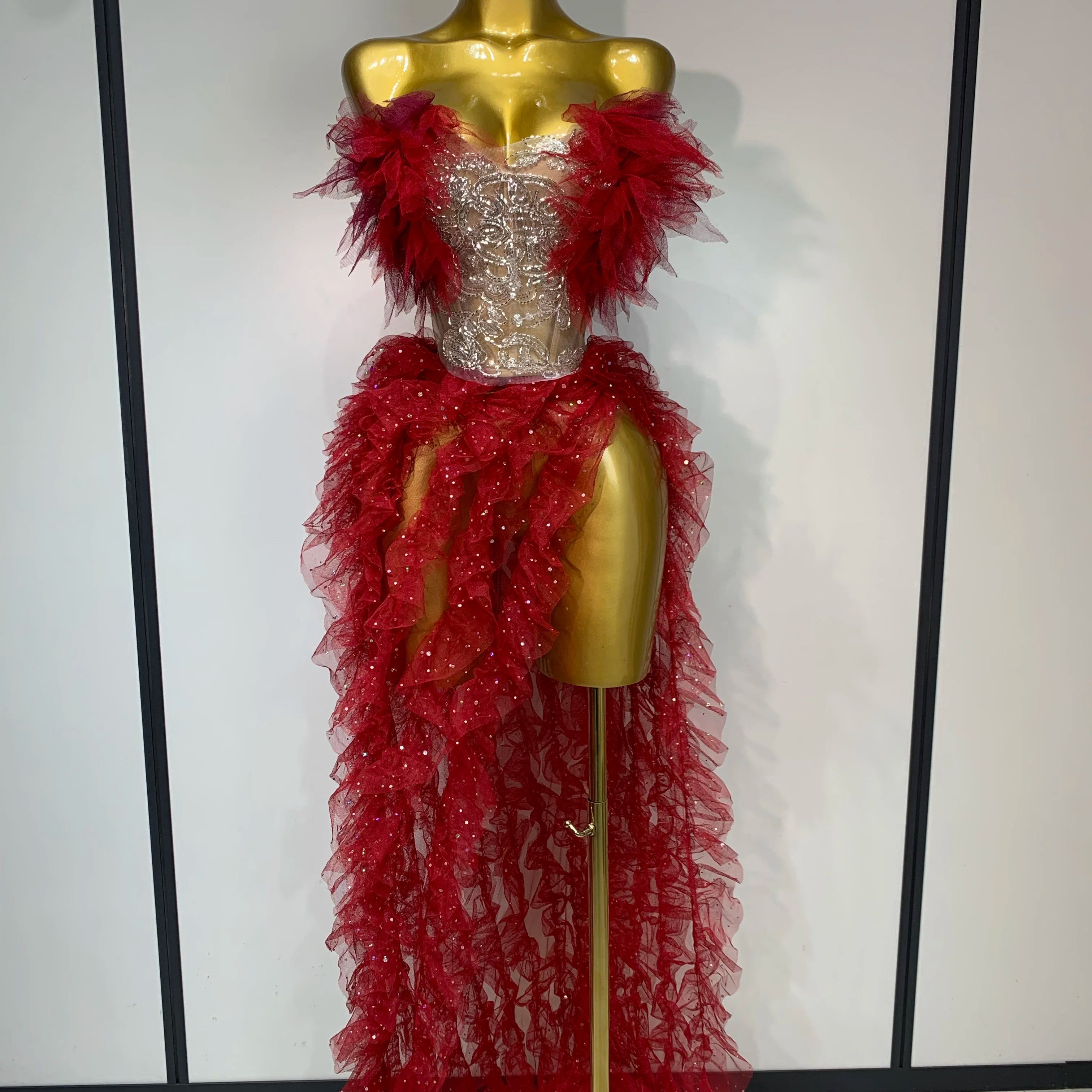 Women Sexy Strapless Ruffles two Pieces Set Bodycon Long Dress High Split Fashion Nightclub Party Birthday Singer Stage Outfit Red