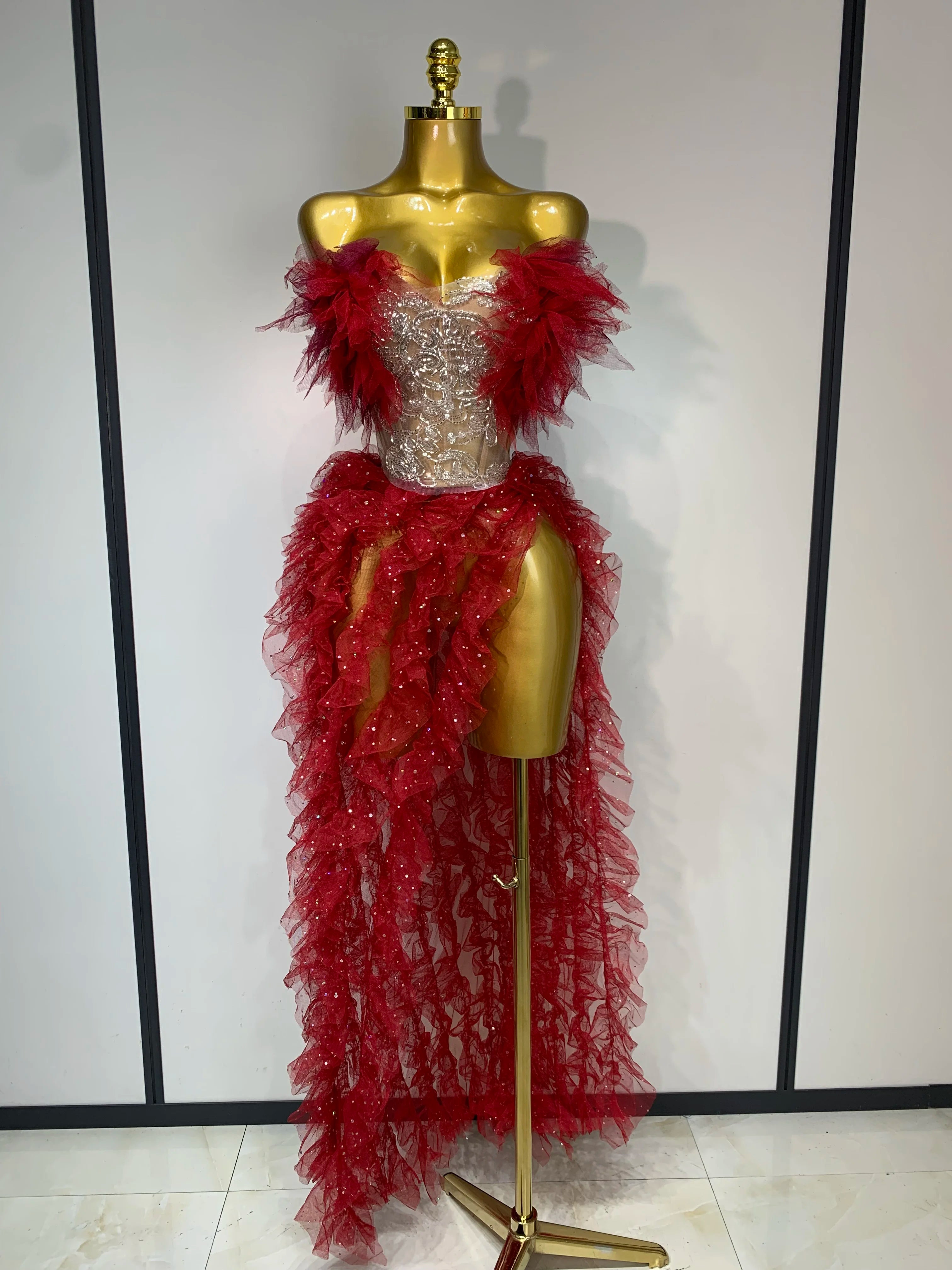 Women Sexy Strapless Ruffles two Pieces Set Bodycon Long Dress High Split Fashion Nightclub Party Birthday Singer Stage Outfit Red